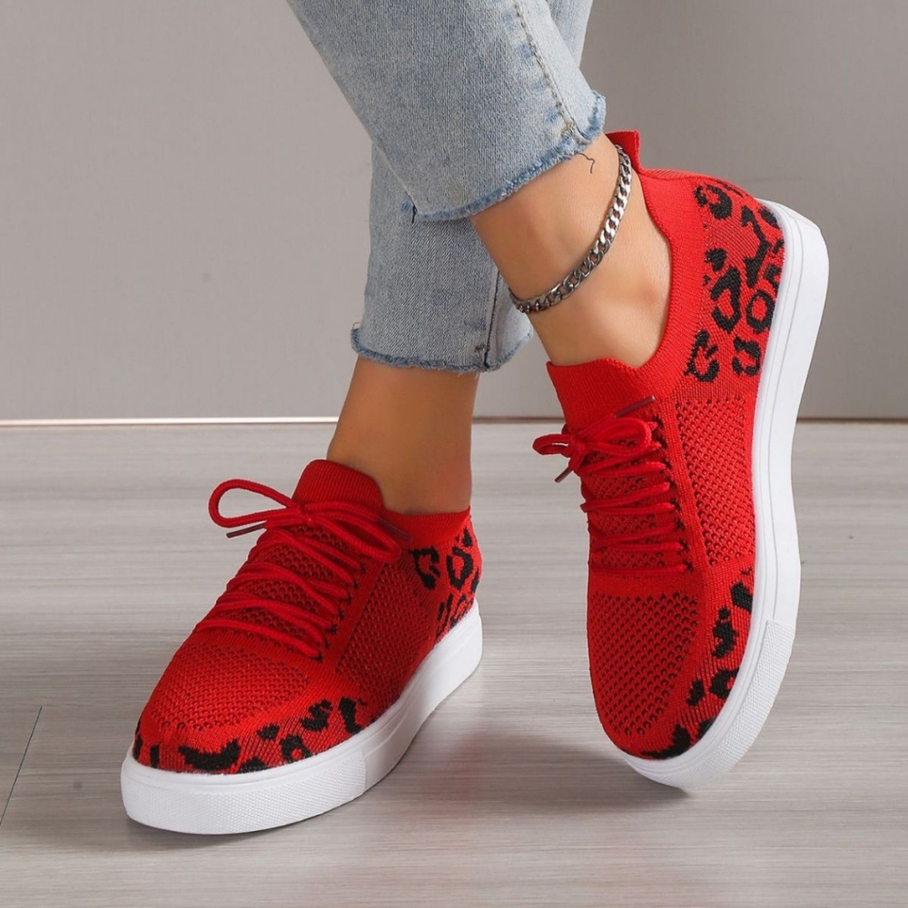 (Out Of Stock) Red Leopard Lace-Up Sneakers - Picture 1 of 7